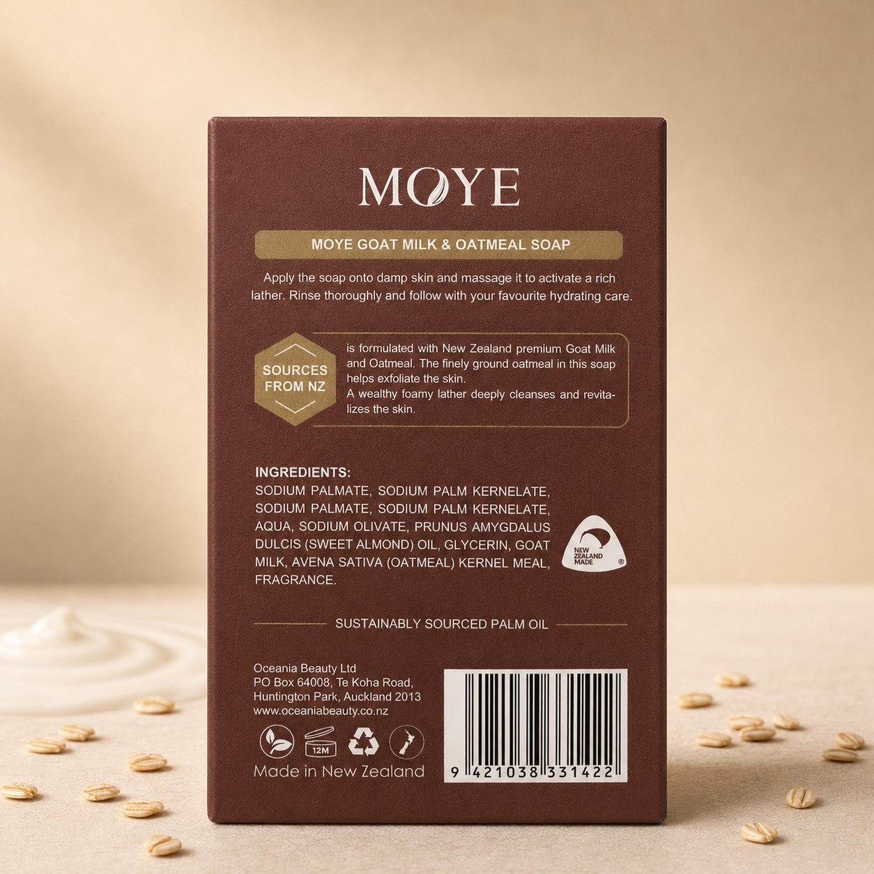 Moye Goat Milk and Oatmeal Soap 200g back packaging with directions and ingredients