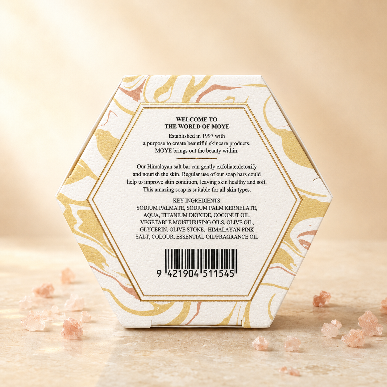 Moye Himalayan Pink Salt Soap Unique Rose 100g back packaging with ingredients