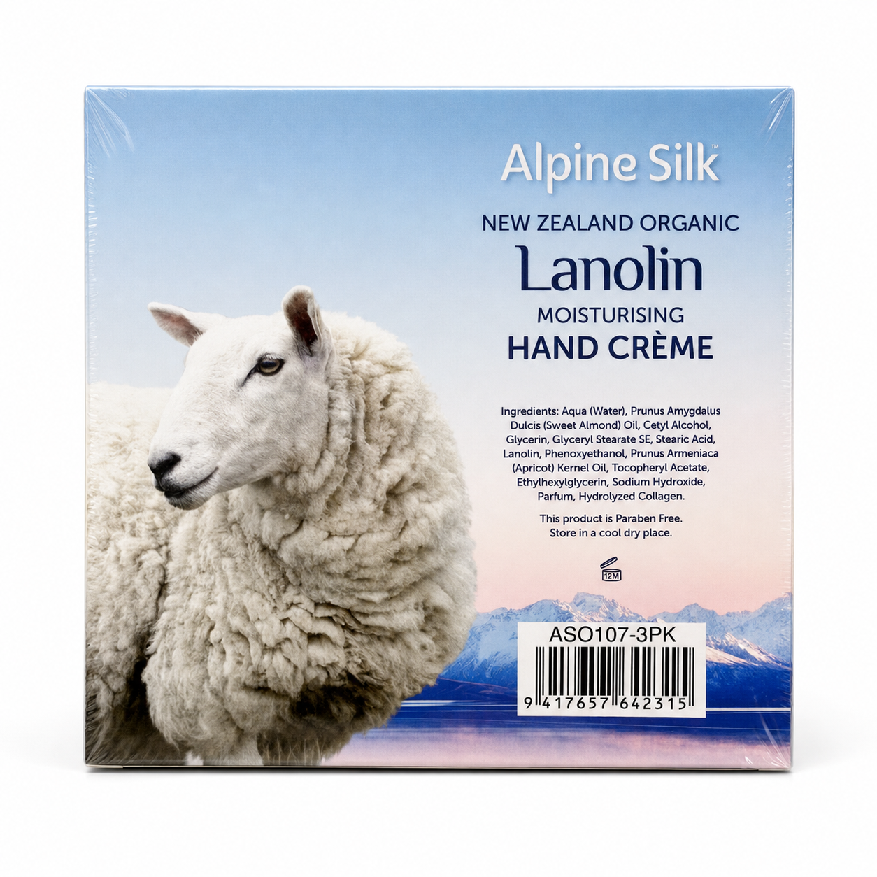 Alpine Silk Lanolin Moisturising Hand Creme three-pack back with ingredients and barcode