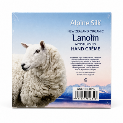 Alpine Silk Lanolin Moisturising Hand Creme three-pack back with ingredients and barcode