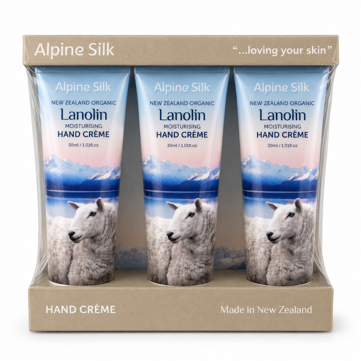 Alpine Silk New Zealand Organic Lanolin Moisturising Hand Creme 30ml three-pack front
