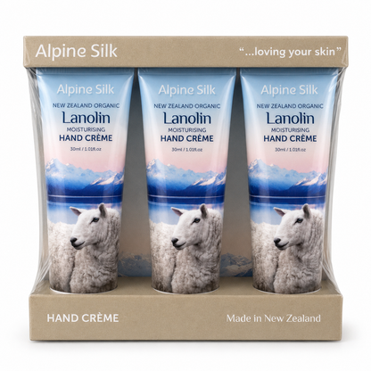 Alpine Silk New Zealand Organic Lanolin Moisturising Hand Creme 30ml three-pack front