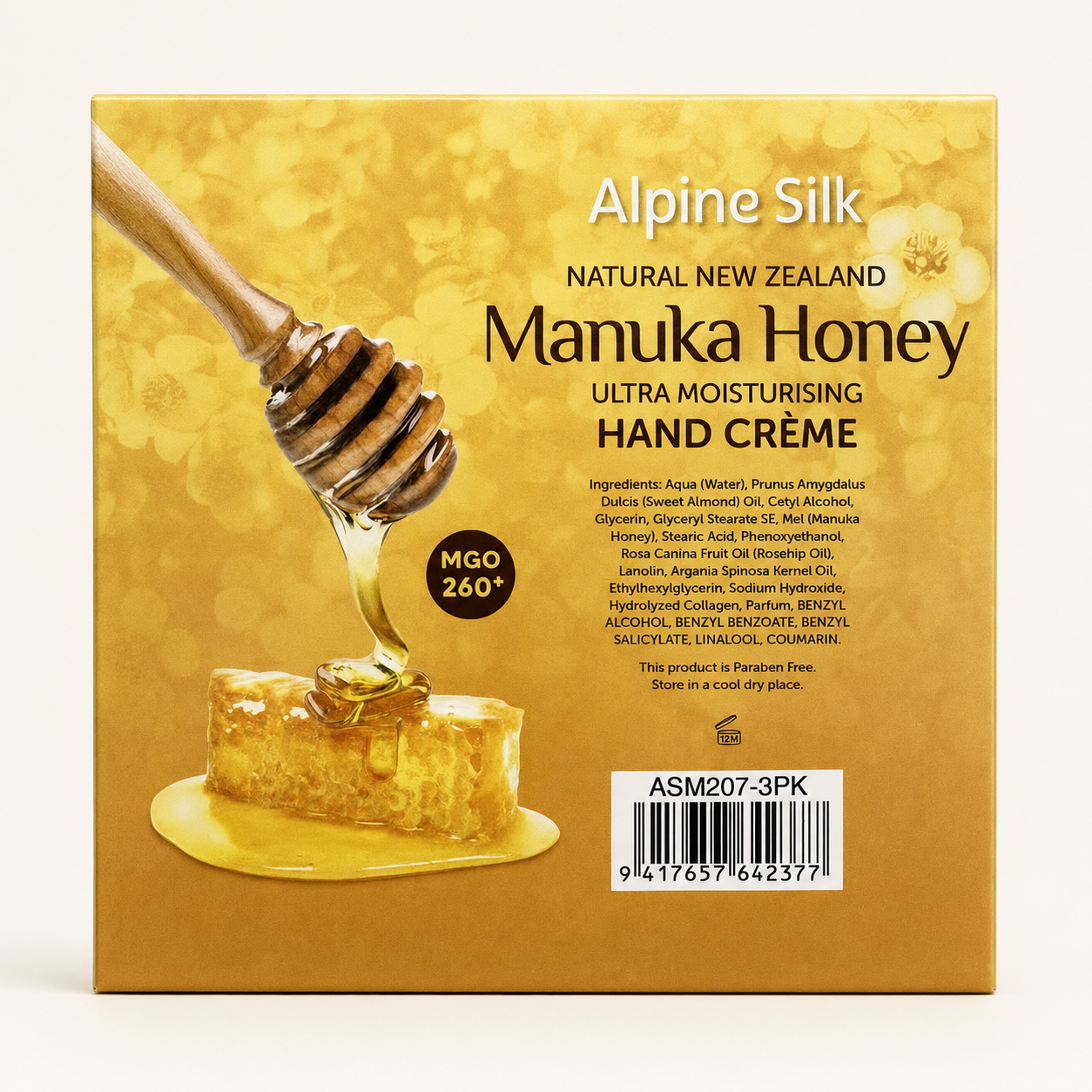 Alpine Silk Manuka Honey Hand Creme three-pack back with ingredients and barcode