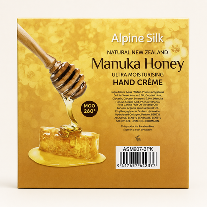 Alpine Silk Manuka Honey Hand Creme three-pack back with ingredients and barcode