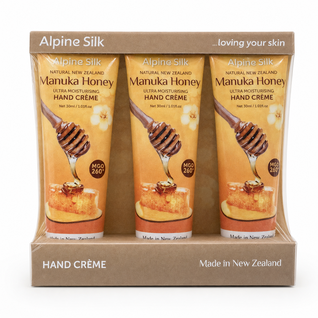Alpine Silk Manuka Honey Ultra Moisturising Hand Creme 30ml three-pack front