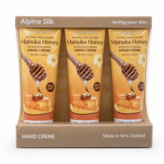 Alpine Silk Manuka Honey Ultra Moisturising Hand Creme 30ml three-pack front