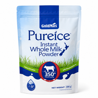 GoldMax Pureice Instant Whole Milk Powder 800g pouch front, New Zealand grass fed