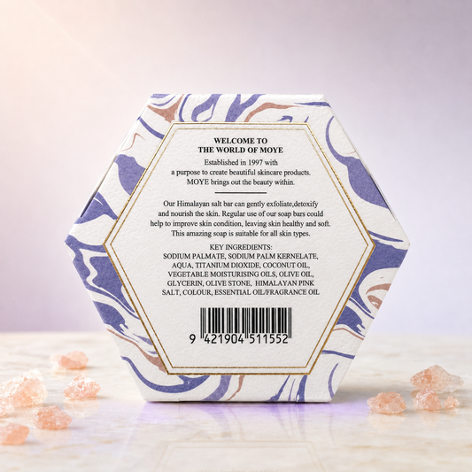 Moye Himalayan Pink Salt Soap Unique Rose Purple Box 100g back packaging with ingredients