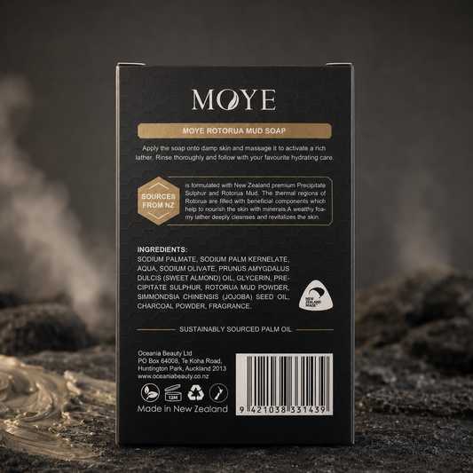 Moye Rotorua Mud Soap 200g back packaging with directions and ingredients