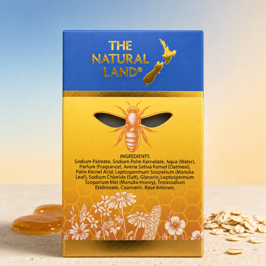 The Natural Land Manuka Honey and Oatmeal Soap 135g back packaging with ingredients