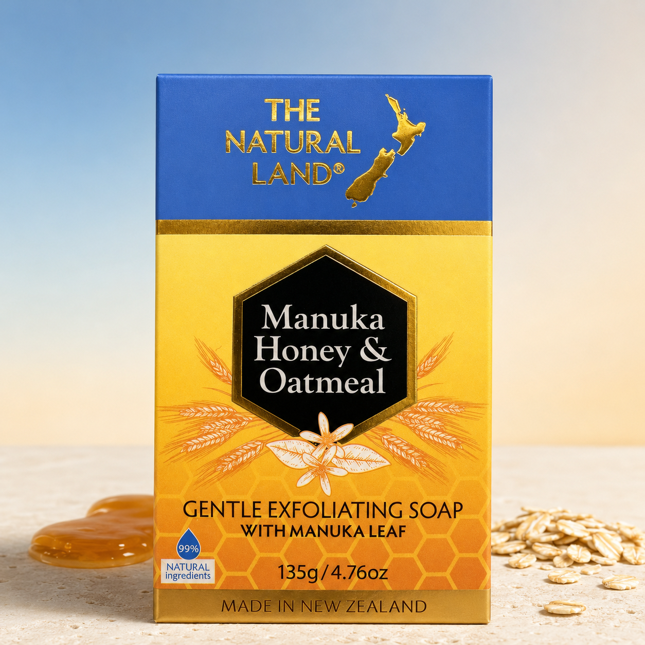 The Natural Land Manuka Honey and Oatmeal Soap 135g front packaging